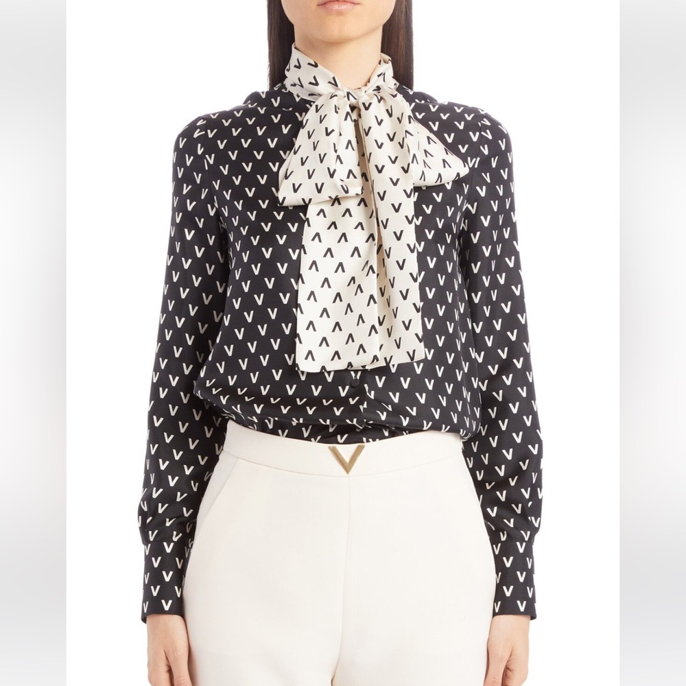 Valentino Logo Print Tie Pussy Bow Neck Silk Blouse size IT 46 USA Large